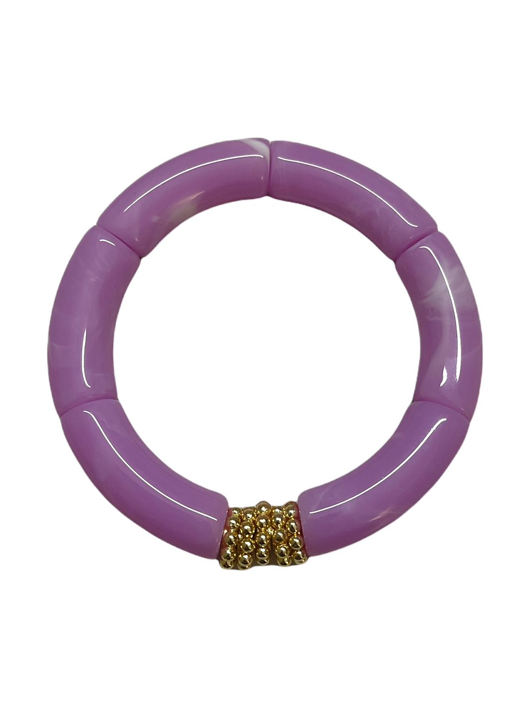 Circle bracelet made up of cylindrical  lavender marble with gold beaded accent piece. 