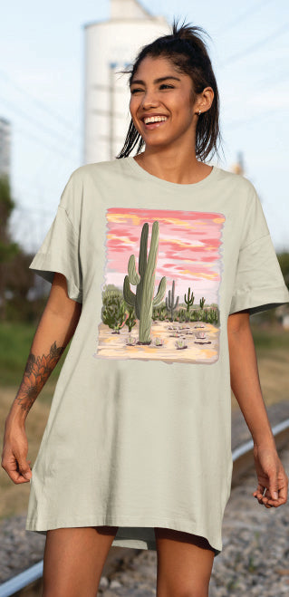 PBW Pink Cactus Sunset Western graphic T-shirt or T-shirt Dress