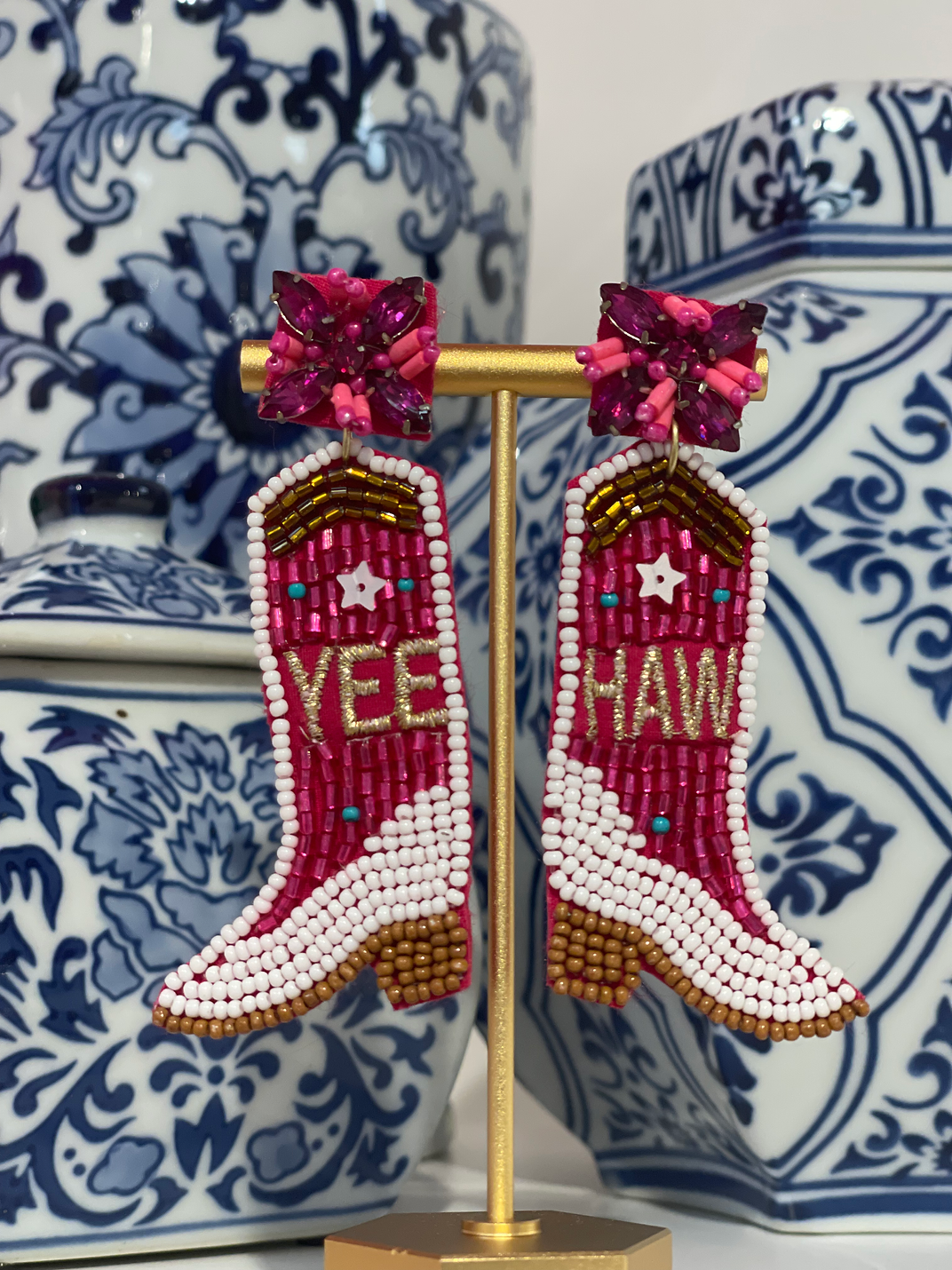 Pink Yee Haw Hand Beaded Western Earrings